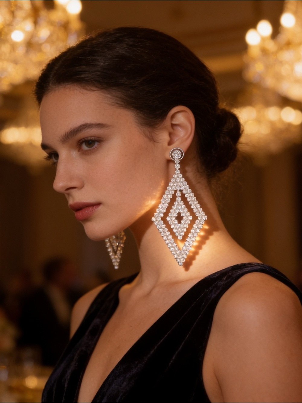 Geometric Rhinestone Open Diamond Statement Dangle Earrings